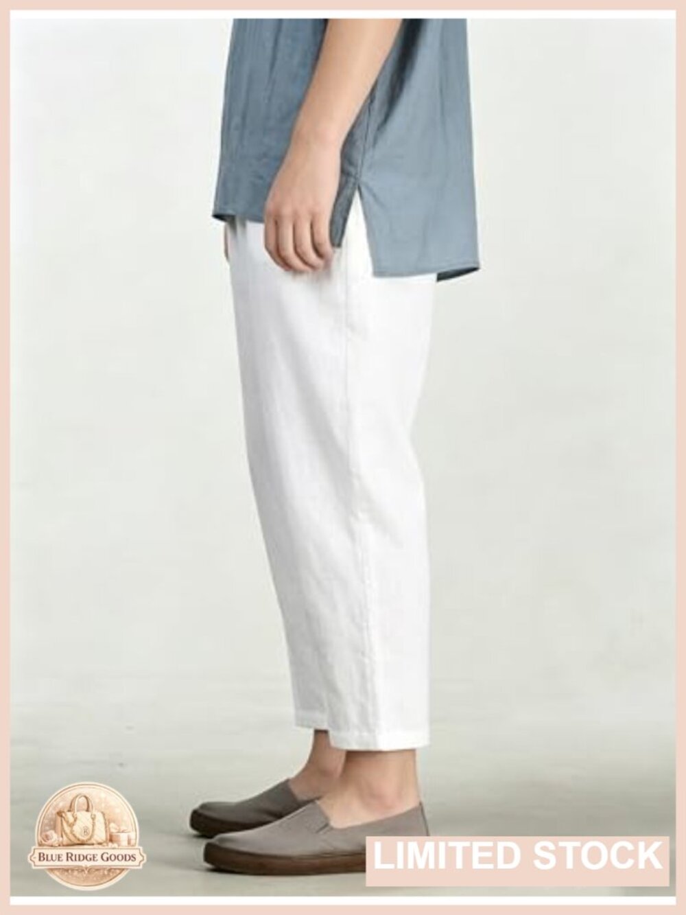 Linen Cropped Pants Tapered Ankle Capris Elastic Waist Pull-On - Picture 3 of 5